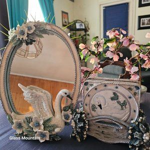 SOLD - Innovation Royal Serenity Vintage Swan and Floral Coasters & Mirror